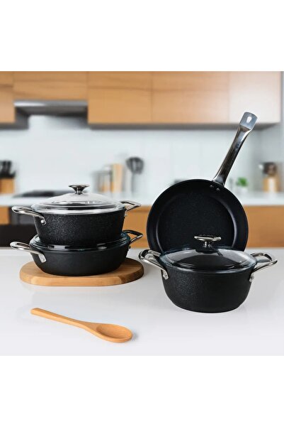 GÜRALLAR Güral Porselen Antoryum Pro 7 Piece Termoguard Granite Cookware Set Black