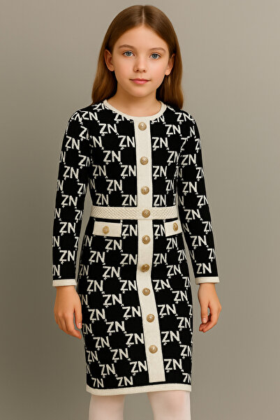 NEWCO Harf Printed Knee Length Children's Knitwear Dress with Button Pocket Detail -3234