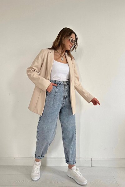 MİO    Beige Buttoned Leather Jacket