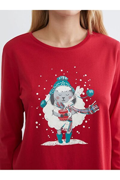 LC Waikiki LCW DREAM Kırmızı Bisiklet Yaka Yılbaşı Temalı Kadın Pijama Takımı