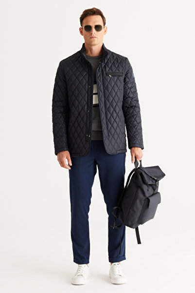 ALTINYILDIZ CLASSICS Men's Navy Blue Standard Fit Normal Cut Stand Collar Quilted Patterned Overcoat