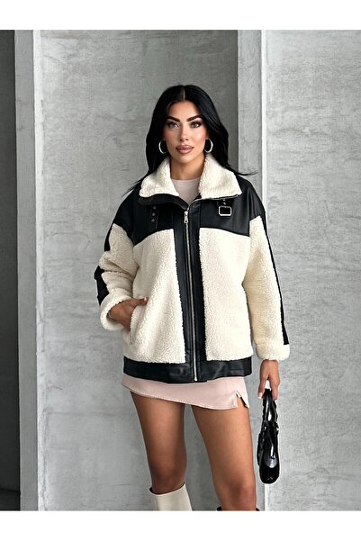 MODA Siyah Deri Detaylı Peluş Mont