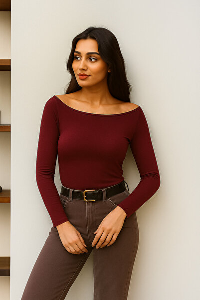BEGBOR LİNGERİE Women's Burgundy Boat Neck Long Sleeve Fit Basic Bodysuit
