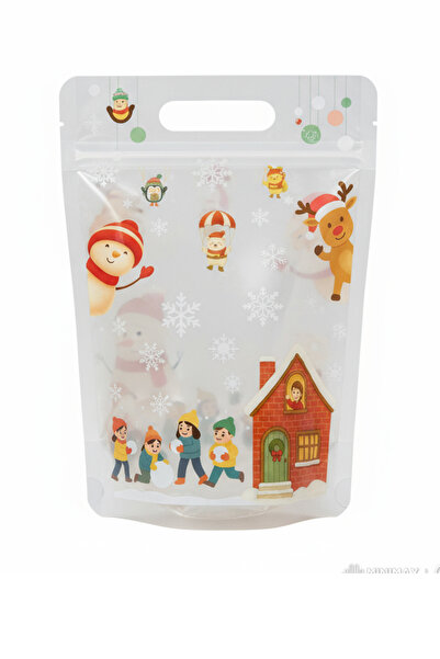 Dekals 10 Adet Dik Duran El geçmeli Kilitli Kurabiye Poşeti Yılbaşı Temalı Doypack Hediye Poşeti