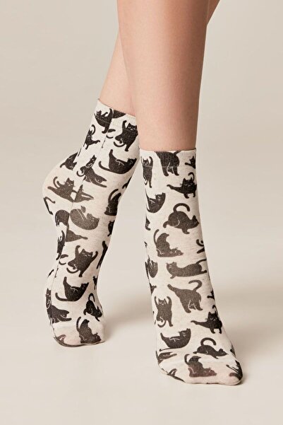 Conte Elegant Funny cotton and linen socks, with "Kittens" pattern, Conte Fantasy 560 - Beige, 36-39 (23-25)