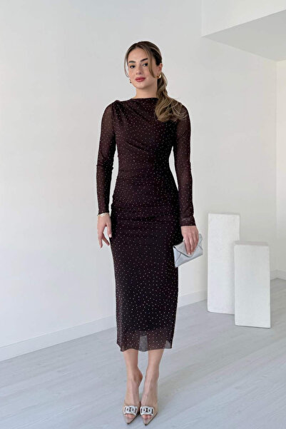 MARTYZ Taşlı Tül Bisiklet Yaka Drapeli Uzun Kollu Maxi Elbise