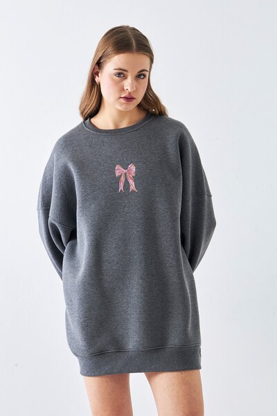 The Champ Clothing Γυναικείο φόρεμα oversized Sweat Pink Ribbon με τύπωμα Smoked Melange – Crew Neck, 3-Thread επένδυση fleece Fleece