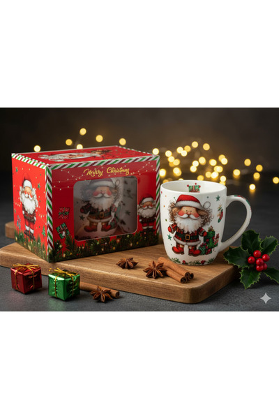 Aruz KIRMIZI KUTULU NOEL BABA DESENLİ YILBAŞI SERAMİK KUPA - MERRY CHRISTMAS