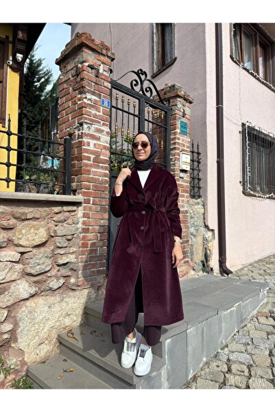 Almarwah Black 505322 Textured Women's Coat Burgundy