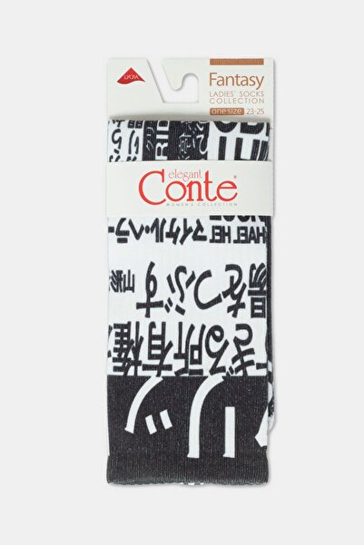 Conte Elegant Funny cotton socks with hieroglyphs pattern, Conte Fantasy 390 - Black-White, 36-39 (23-25)