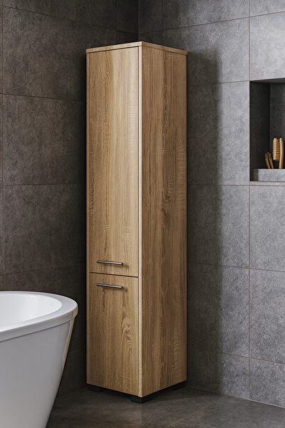 SERSIMO Column-type bathroom cabinet with 2 doors and 5 shelves, laminated chipboard, 30x30x140 cm, sonoma