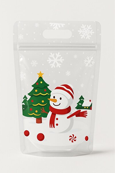 Dekals 10 Adet Dik Duran El geçmeli Kilitli Kurabiye Poşeti Kardan Adam Desenli Doypack Hediye Poşeti