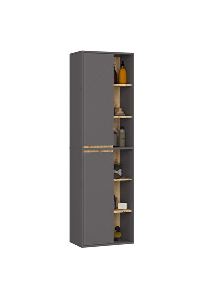 SERSIMO Wall-mounted bathroom cabinet with 2 doors and 6 shelves, 16 mm, 50x30x170 cm, gray and artisan oak