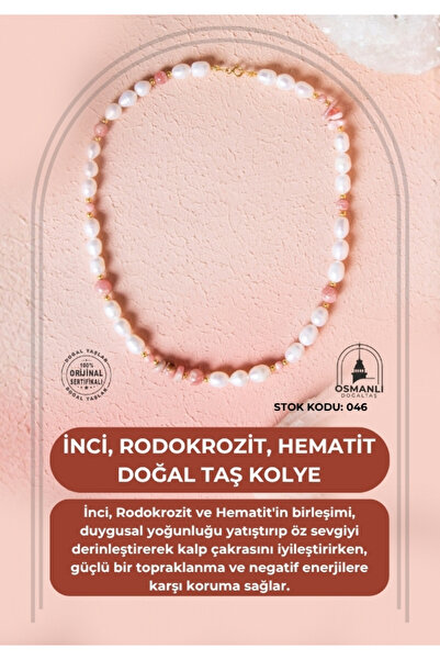 OSMANLI DOĞAL TAŞ Certified Pearl, Rhodochrosite, Hematite Natural Stone Pendant (Sk:046)