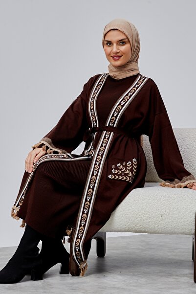 CNR TEKSTİL Ethnic Patterned Tassel Tricot Kimono