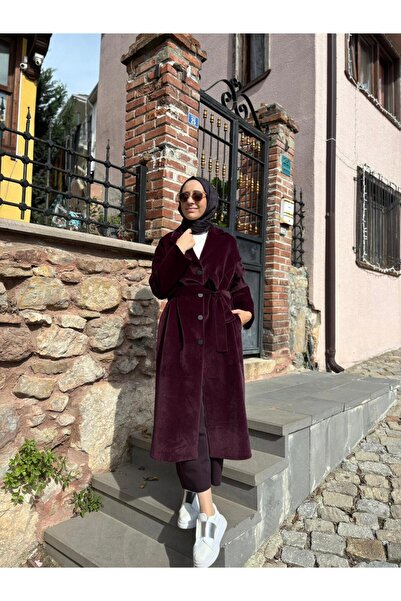 Almarwah Black 505322 Textured Women's Coat Burgundy