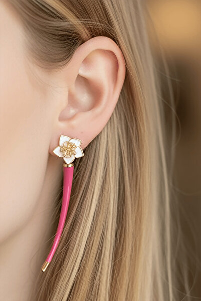 TAKIŞTIR Gold and Pink Color Flower Detailed Ysx Earrings (Pair)