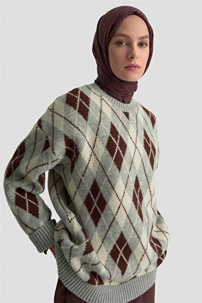 Armine Baklava Desenli Kazak 25KD6004 Gri