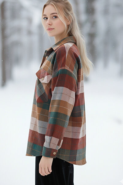 Chiccy Coffee-Beige Shirt Plaid Thick with Shirt Collar Cuffed Sleeves Double Flap Pockets Oversized Woven Shirt 68 66