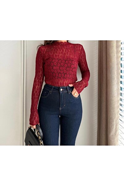 Paraf style Dik Yaka Dantel Detaylı Transparan Bluz