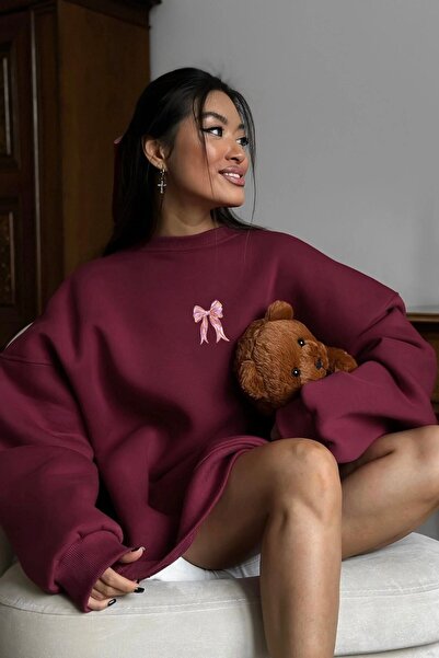 The Champ Clothing Γυναικείο φόρεμα oversized Sweat Pink Ribbon με τύπωμα Burgundy – Crew Neck, 3 Thread Ş επένδυση fleece Fleece