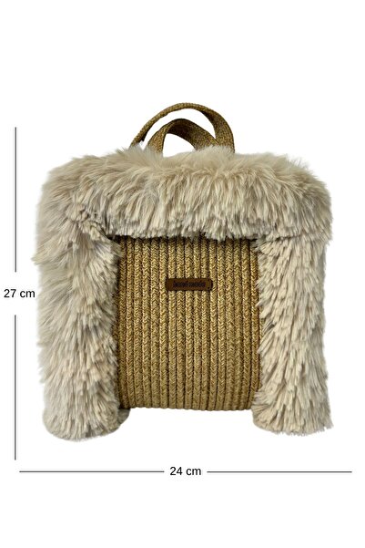 Uretti - Ayşe 4723 Handmade Plush Fur Model Tress Rope Handbag / 24 cm X 27 cm