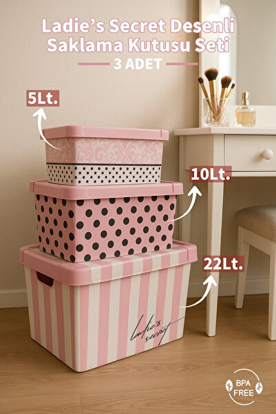 Nandy Home Ladie's Secret Desenli 3’lü Set Kapaklı Saklama Kutusu 5L-10L-22L