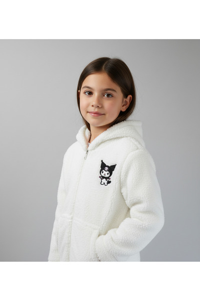 Star Pop Kuromi Embroidered White Plush Hooded Girls' Cardigan