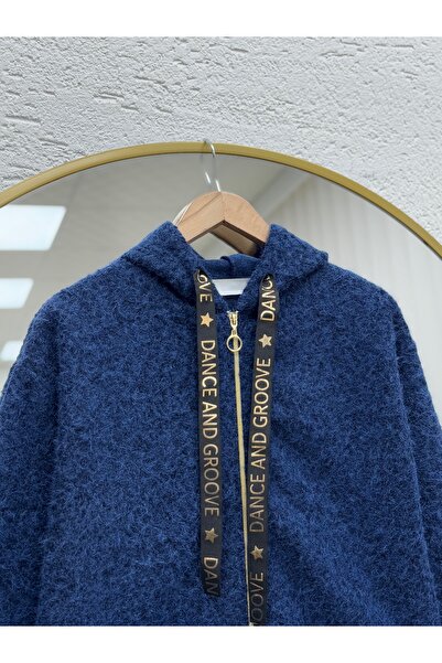 MİHRA STORE Aledra Hooded Double Pocket Zippered Cashmere Jacket-Zn4855 Navy Blue