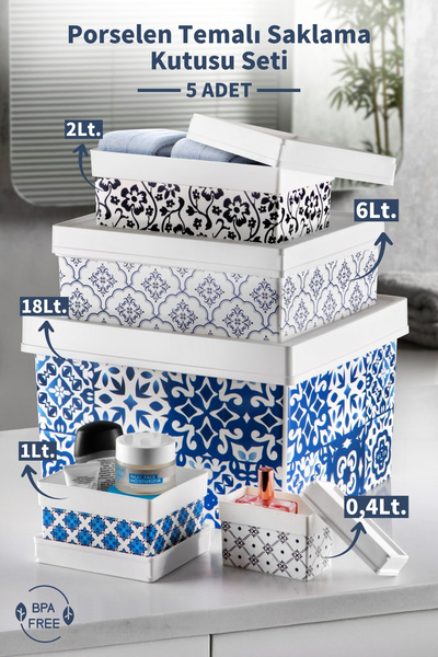 Nandy Home 5'li Porselen Temalı Çok Amaçlı Saklama Kutusu Seti 0,4-1-2-6-18Lt.