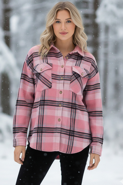 Chiccy Pink-Black Shirt Plaid with Shirt Collar Cuffed Sleeves Double Flap Pockets Thick Oversized Woven Shirt 68 66