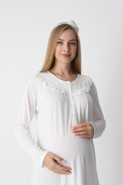 ERDENİZ TEKSTİL Maternity-Nightgown for Pregnant Women with Dressing Gown, Long Sleeves, Button Collar, 2-Piece Set