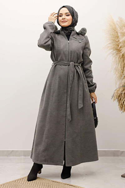 Tesettür Dünyası Zipper Detailed Cashmere Coat with Elasticated Sleeves Tsd250248 Gray