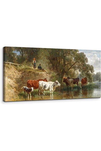 Emoda home Trove لوحة جدارية مؤطرة من القماش لحيوان ريفرسايد (60×120 سم) - مشهد رعي الماشية
