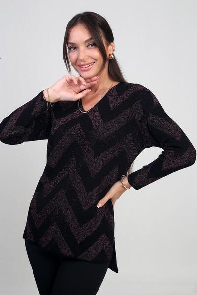 By Saygı Women's V-Neck Zigzag Patterned Plus Size Intermittent Glitter Blouse