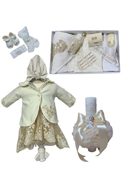 Botez Complete set for little girl Mira-ivory with coat and pants with embroidered prayer