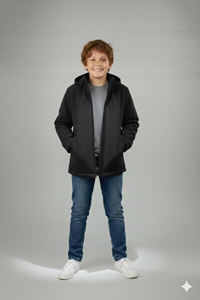 ASYAKİDS CLUB Boy's Hooded Zippered Mock Neck Water and Windproof Softshell Coat