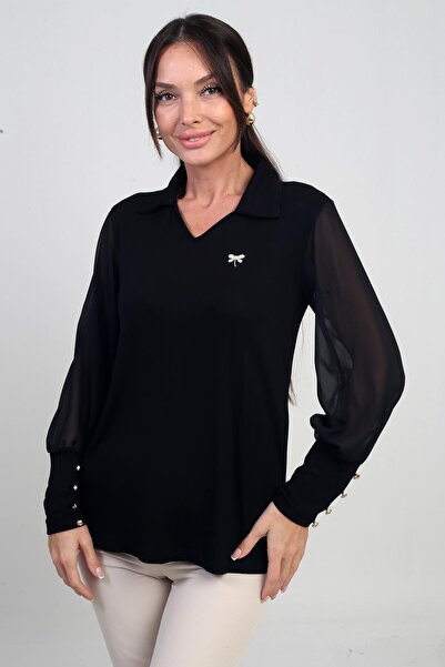 By Saygı Γυναικεία μπλούζα από σιφόν με λεπτομέρεια με κουμπιά ελαστικό ύφασμα Strawberry