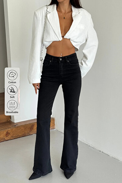 kleshus بنطلون جينز عالي الخصر قماش قابل للتمدد مريح واسع الأرجل جينز فلير جد...