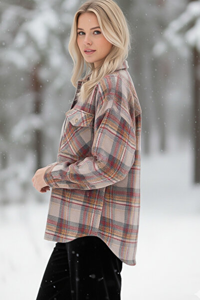 Chiccy Beige Shirt Plaid with Shirt Collar Cuffed Sleeves Double Flap Pockets Thick Casual Oversized Woven Shirt 68 66