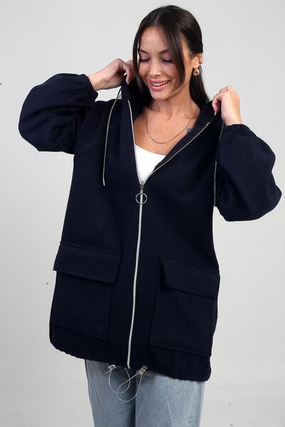 By Saygı Women's Front Zippered Cardigan with Pocket and Shiny String Detail K Hooded Kaşe Cardigan