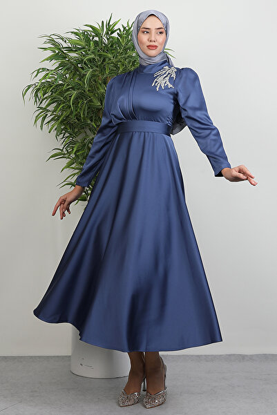 Lamia Giyim Omzu Taşlı Saten Abiye Koyu İndigo