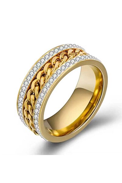 ROMAD Stainless Steel Spinning Chain Ring with Cubic Zirconia and 18K Gold Plating