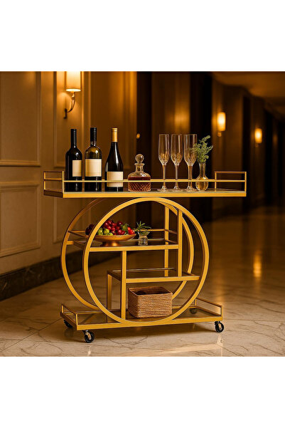 genric FFD Clear Glass Serving Cart – Modern 3-Tier Bar Cart (Gold, 120 CM)
