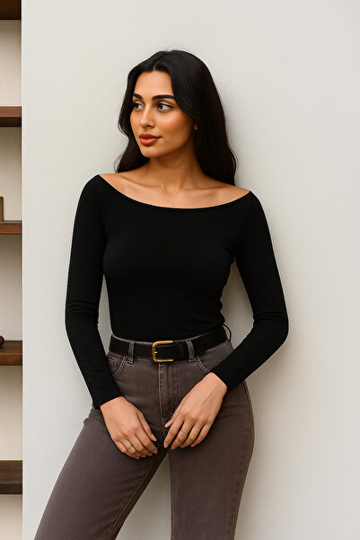 BEGBOR LİNGERİE Women's Black Boat Neck Long Sleeve Fit Basic Bodysuit