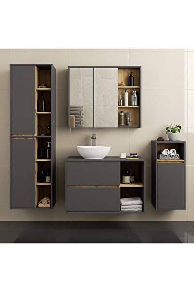 SERSIMO Wall-mounted bathroom cabinet with mirror, 2 doors and 3 interior shelves, 16 mm , 90x15x75 cm, gray