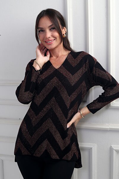 By Saygı Women's V-Neck Zigzag Patterned Plus Size Intermittent Glitter Blouse