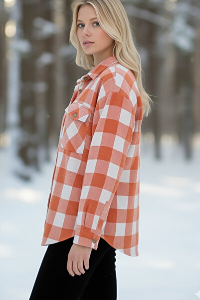 Chiccy Orange-White Shirt Plaid with Shirt Collar Cuffed Sleeves Double Flap Pockets Thick Oversized Woven Shirt 68 66