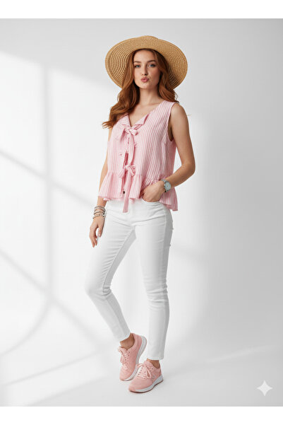 ribana Striped Seersucker Sleeveless Blouse with Bow Detail