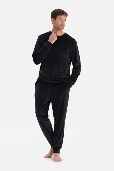 Dagi Black Crew Neck Long Sleeve Velvet T-Shirt Pants Pajama Set